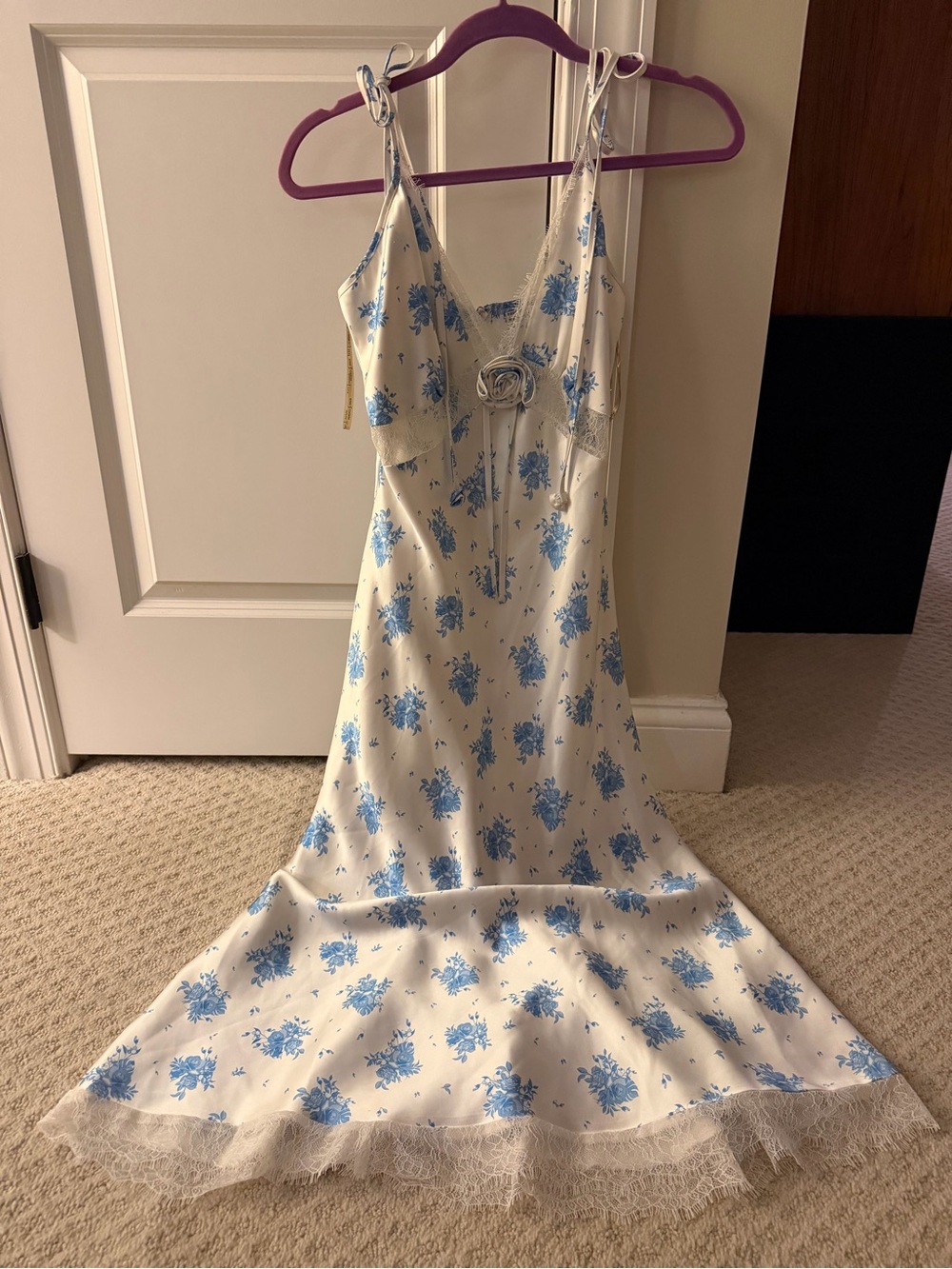 Rare London White Slip Dress with Blue Floral Print